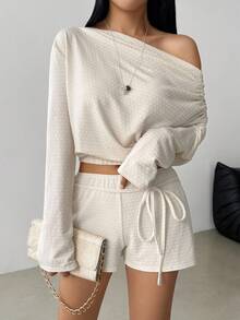 SHEIN LUNE 1 Set Women Asymmetric Drape Shoulder Top And Tie Waist Polka Dot Textured Shorts Fall Cloth For Women - Apricot - View 1
