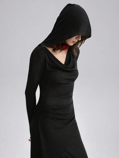 Airlisse 女士优雅U领连帽修身薄纱长袖连衣裙，适合派对和正式晚宴等场合。