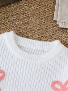 SHEIN Young Girl New Fashionable Versatile Cute Casual Bow Knit Pullover Sweater Fall Winter Fall - White - View 3