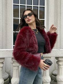 Firerie Women's Fashionable Elegant Minimalist Burgundy Faux Fur Short Coat, New Autumn/Winter Jacket - Burgundy - View 5