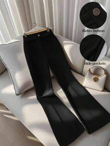 GlowEve CURVE 大码女式优雅通勤休闲纯色高腰口袋工作裤 - 黑色 - 查看 1