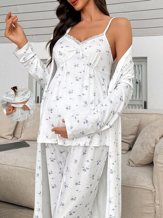 Moonlight & Mama 3pcs Maternity Sleepwear Set: Ditsy Floral Cami Top, Pants, And Robe Maternity Lounge Set, Winter