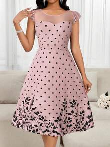 SHEIN Lady 春夏网纱拼接飞袖波点花朵印花度假连衣裙 - 淺粉色 - 查看 1