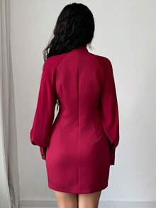 Rafferiza New Bowknot Collar Lantern Sleeve Fitted Mini Skirt, Christmas - Burgundy - View 2