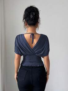 Elenzga Women's Spring/Summer Mesh Elastic Knit Lining Elegant Vacation Beach Commute Casual French Romantic Crossover Shirred Gathered Shoulder Sleeve Waist Ruched Drawstring Ruffle Hem T-Shirt Blouse