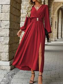 EMERY ROSE Đầm Maxi Nữ Tay Phồng Cổ Tim Màu Trơn, Cạp Cao, Xẻ Tà Cao Cấp - Đỏ - Xem 4