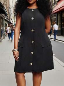 Slaydiva Plus Size Women Elegant Black Sleeveless Dress With Golden Buttons,Semi Formal Summer Bohemian Beach Music Festival,Business Casual Wedding Guest - Black - View 3
