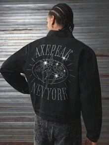 AXEPEAK Men's Washed Rhinestone Embellished Long Sleeve Denim Jacket, Stylish Short Outerwear, Fall - Black - View 3