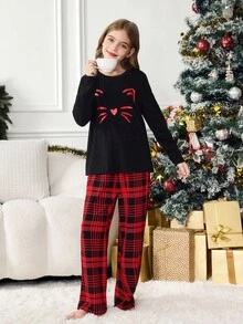 SHEIN 青少年女孩休闲可爱线条卡通印花圆领长袖上衣和格子图案裤子家居服套装，秋冬舒适，适合圣诞节家居服，红色格子家居服 - 紅色 - 查看 5