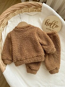 Newborn Baby Girl Cute Fluffy Cartoon Pattern Long Sleeve Sweatshirt Set, Autumn/Winter Fall - Brown - View 2