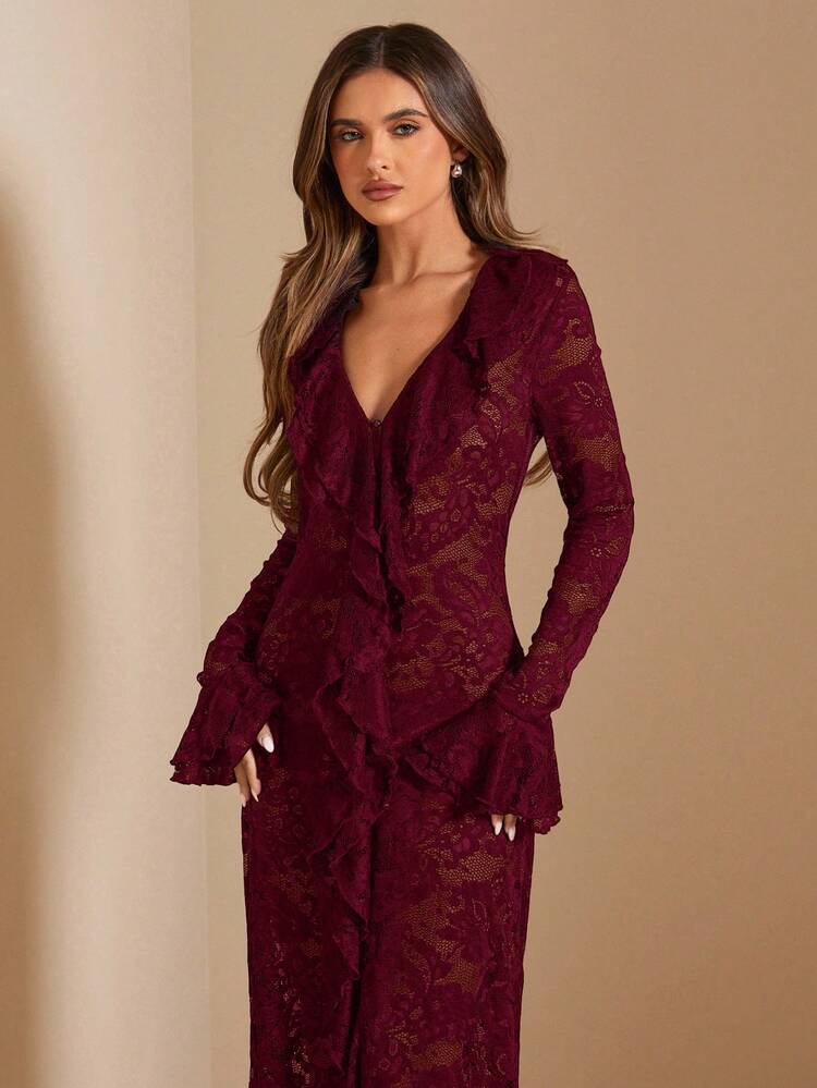 SHEIN BAE فستان أنيق طويل الأكمام بياقة عميقة على شكل V مع كشكشة، أبيض سادة، أنيق وبسيط، مناسب لفصل الصيف والربيع المبكر، فستان للعطلات، حفلات الزفاف، حفلات الخطوبة، المناسبات الرومانسية، عيد الحب، الحفلات، الاستخدام اليومي، عيد الميلاد - عنابي اللون - مشاهدة 6