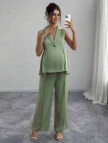 Momance Sleeveless Suit Set, Elegant & Romantic Fitted Waistline Business Maternity Outfit - Green - View 2