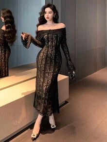 DAZY Elegante abito midi da donna con spalle scoperte, maniche a campana e fondo a sirena, adatto per feste in autunno - nero - Visualizzare 5