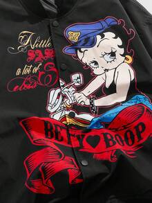 ROMWE MEN Betty Boop | ROMWE Áo khoác bóng chày tay dài họa tiết hoạt hình dành cho nam, cài một hàng khuy, mùa thu - màu đen - Xem 3