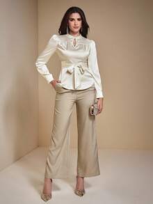 JIAN LASALA Weißes Satin-Top mit Stehkragen, Taillengürtel und Raffungen für Damen – ideal für Frühling und Herbst, lässig und elegant, perfekt für Winter und Hochzeiten. Luxuriöse und stilvolle Bekleidungskollektion. - Weiss - Übersicht 1
