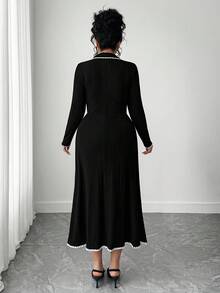 Elenzga Plus Size Crew Neck Long Sleeve Half-Placket Fashionable Elegant Colorblock Knit Dress