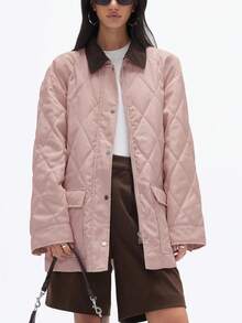 厚尼龙和灯芯绒领钻石绗缝加厚工作服夹克 - 粉色 - 查看 6