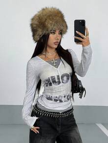 StreetHx Women's Gray Printed Patchwork Striped Long Sleeve T-Shirt - Grey - View 6