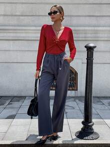 Chiquease Elegant French Style V-Neck Long Sleeve Fitted Red T-Shirt For Women, New Autumn Collection - Red - View 3