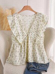 CosyJoli 大码女式夏季休闲度假花卉印花荷叶边 V 领衬衫 - 藍色 - 查看 3