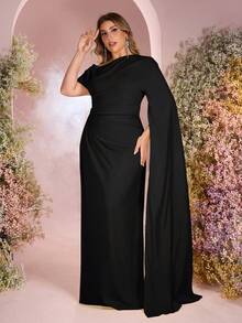 SHEIN Belle Plus Size Elegant Romantic Yellow Asymmetric-Shoulder Asymmetric Sleeve Ruffle Mermaid Hem Long Sleeve Dress, Suitable For Evening Party, Date, Vacation, Ball, Wedding, Bridesmaid