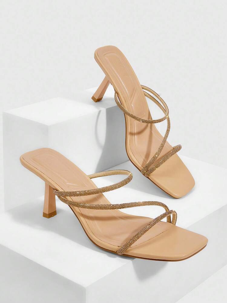 CUCCOO SZL 7cm Sandalias planas con tira de strass en punta, color albaricoque, para uso en verano y playa