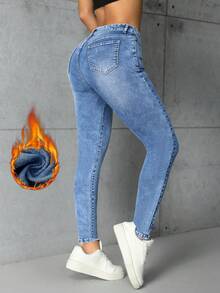 SHEIN ICON Women's Slim Fit Casual Thermal Lined Blue Denim Jeans - Light Wash - View 2