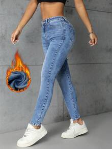 SHEIN ICON Women's Slim Fit Casual Thermal Lined Blue Denim Jeans - Light Wash - View 3