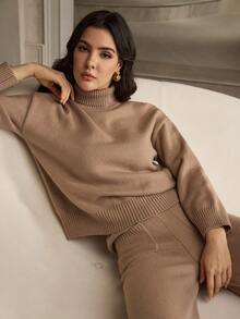 ZEYLAH Women's Turtleneck Sweater And Knitted Pants With Pockets 2 Pieces Set, Autumn/Winter - Camel - View 2