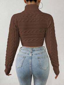 EMERY ROSE Women's Autumn/Winter Cable Cable Pattern Turtleneck Long Sleeve Cropped Sweater - Brown - View 2