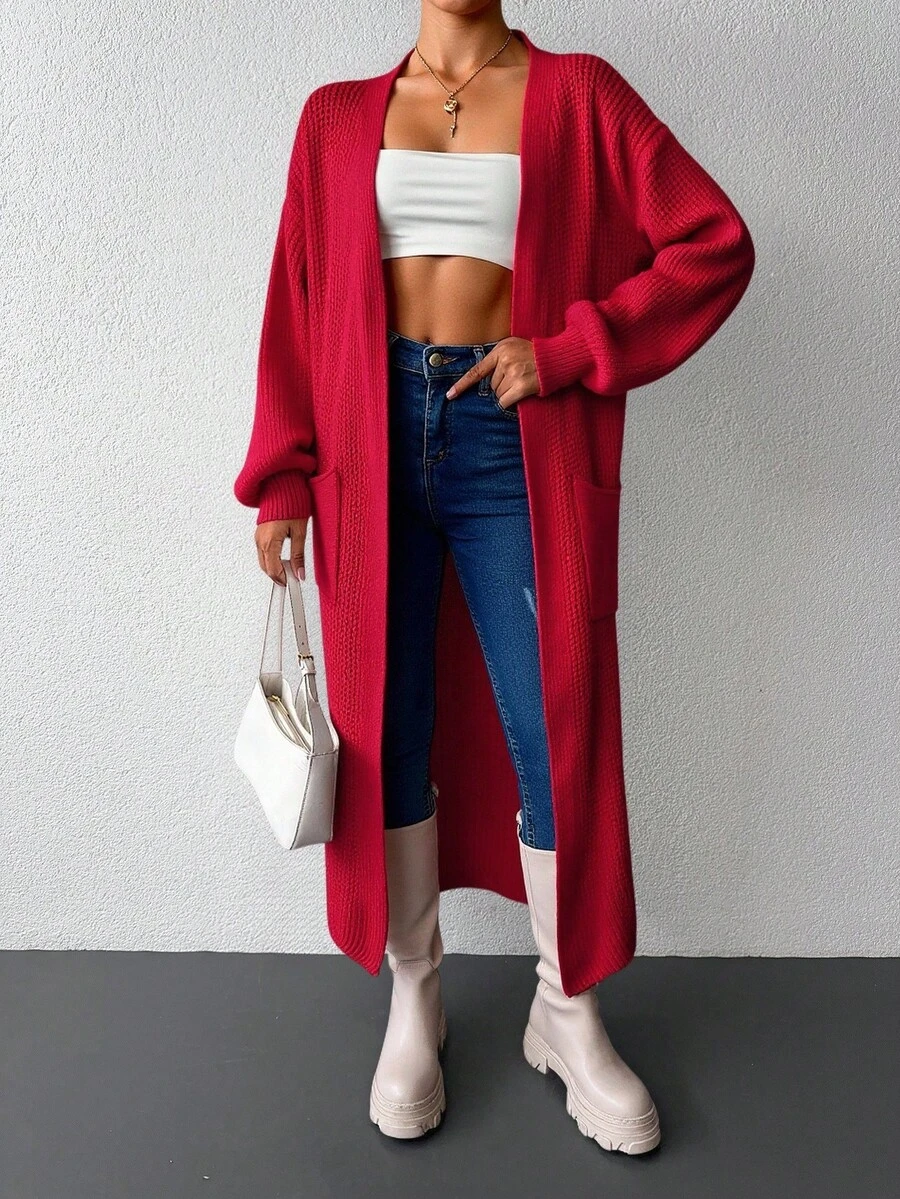 EURMUSE Drop Shoulder Lantern Sleeve Open Front Cardigan - Burgundy - View 1