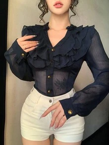 DAZY Women's Layered Ruffle Patchwork Slim Fit Sexy Sheer Chiffon Blouse With Metal Button Decor, Long Sleeve, Suitable For Autumn, Spring & Summer - Navy Blue - View 10