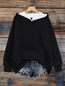 SHEIN EZwear 休闲简约海龟图案印花黑色连帽卫衣，适合秋冬季 - 彩色 - 查看 2