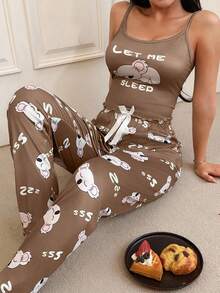 SHEIN 2pcs Cute Koala Print Camisole & Pants Pajama Set - Multicolor - View 6