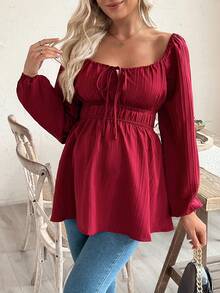 SHEIN 孕妇衬衫，纯色方领，系带腰部，长灯笼袖，荷叶边下摆，休闲衬衫 - 酒紅色 - 查看 4