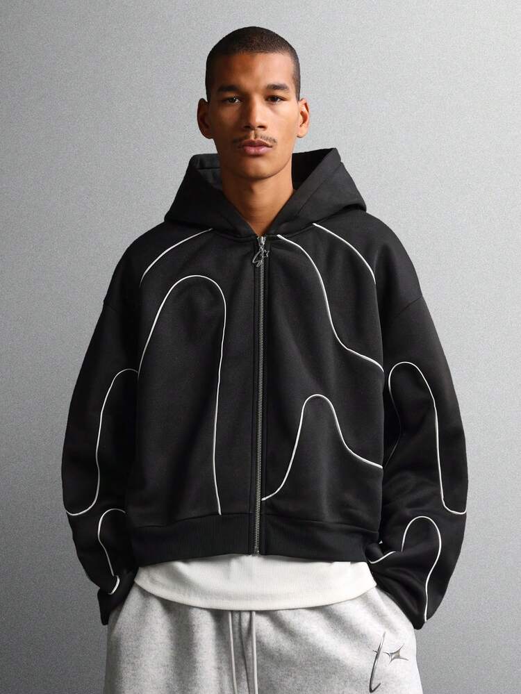 화이트 곡선 파이핑 디자인의 풀 지퍼 후드 티셔츠