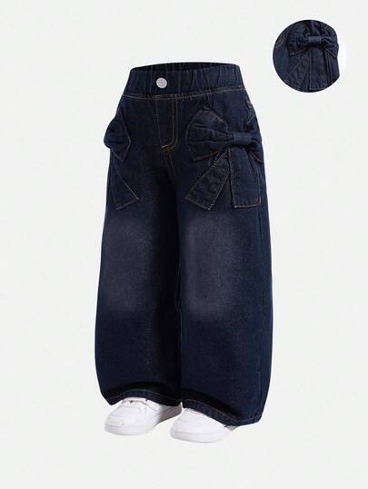 SHEIN Girls Casual All-Match Versatile Cute Bow Jacquard Pocket Comfortable Loose Straight Washed Denim Jeans, Suitable For Daily Wear Fall Winter Kids Wide Leg Jeans