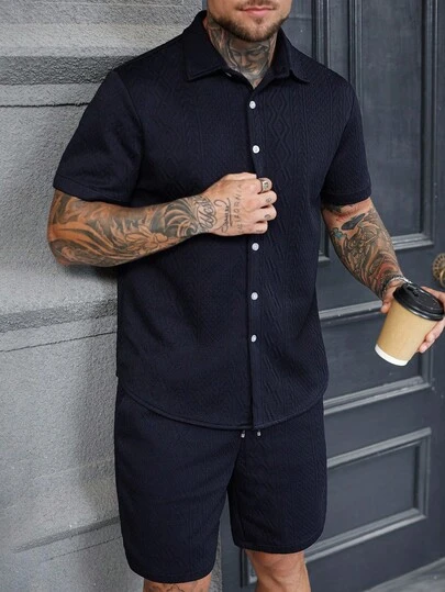 Manfinity Homme 男士几何纹理短袖衬衫和短裤休闲西装，夏季