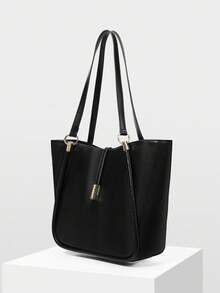 MOTF PREMIUM 女士 PU 皮革五金细节托特包 - 黑色 - 查看 3