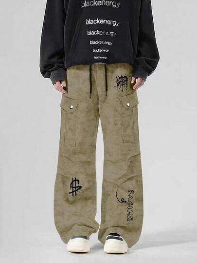 Manfinity Roghcode 男士休闲字母图案工装裤，秋季