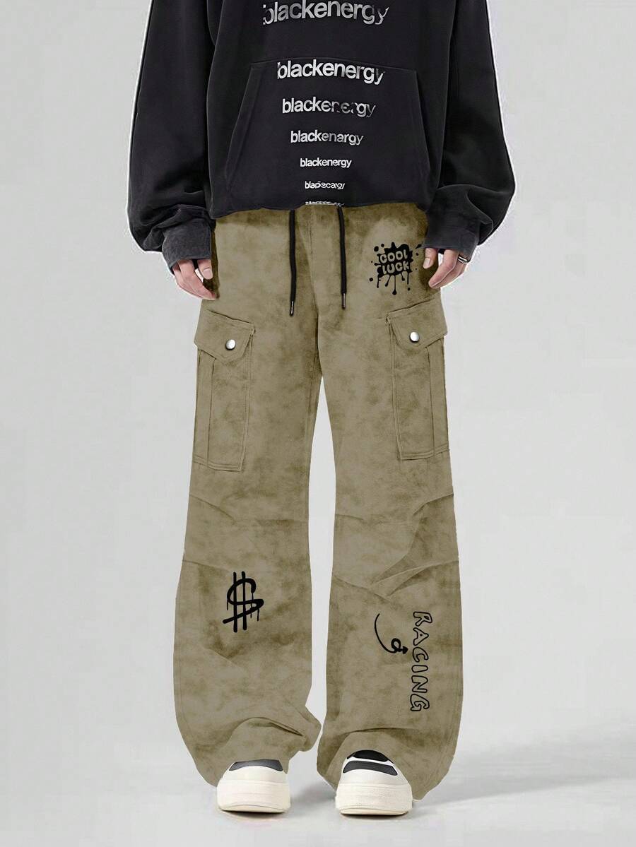 Manfinity Roghcode 男士休闲字母图案工装裤，秋季 - 駝色 - 查看 1