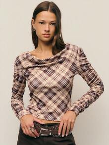 Nöista Plaid Long-Sleeved Slim T-Shirt With An Cowl Neckline, Offering A Vintage Feel And Stylish Comfort For Everyday Wear. Perfect For Summer Seasons, This Top Is Ideal For Casual Fall, Chic Going Out Looks, And Holiday Layering For Women. - Multicolor - View 5
