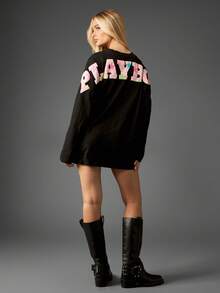 Missguided x Playboy Áo nỉ cotton tay dài in logo cỡ lớn cho trang phục dạo phố và mặc ở nhà thường ngày - màu đen - Xem 2