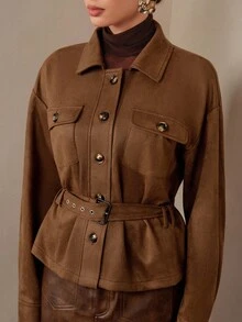 Modelyn 女士时尚实用风格系带绒面革夹克，休闲秋冬棕色系带夹克女士棕色衬衫夹克绒面革夹克女士秋冬 - 棕色 - 查看 5