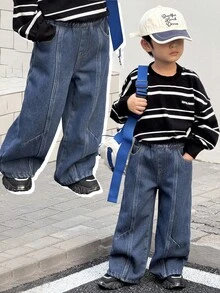 SHEIN 男童宽松版型藏蓝色保暖牛仔裤，适合秋冬季穿着 - 深色水洗藍 - 查看 1