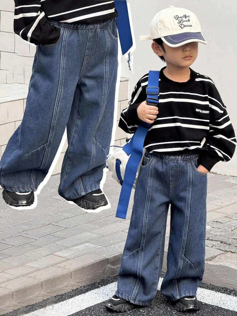 SHEIN 男童宽松版型藏蓝色保暖牛仔裤，适合秋冬季穿着 - 深色水洗藍 - 查看 1