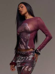 MUSERA 修身长袖豹纹印花网眼圆领上衣，酷女孩秋季外出性感服装，适合春夏季节和节日穿着 - 彩色 - 查看 5