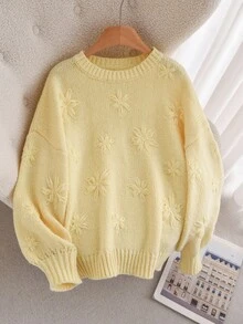 CosyJoli 大码女式休闲纯色圆领长袖套头毛衣针织毛衣黄色毛衣秋冬女装 - 米色 - 查看 4