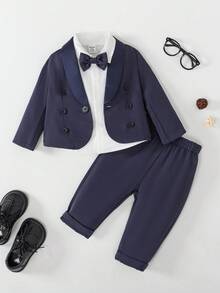 SHEIN 3pcs Baby Boy Gentleman Outfit Set: Lapel Collar Long Sleeve Double-Breasted Jacket, Pants And Bowknot Fall Winter