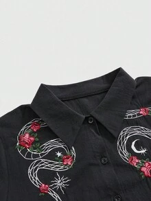 ROMWE Gothic Style Snake & Floral Embroidery Women Long Sleeve Shirt - Black - View 3